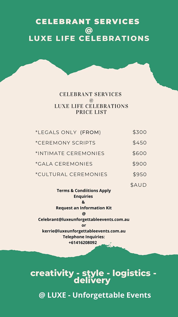 Luxe Services Price List - celebrant and wedding planning services @luxeunforgettableevents